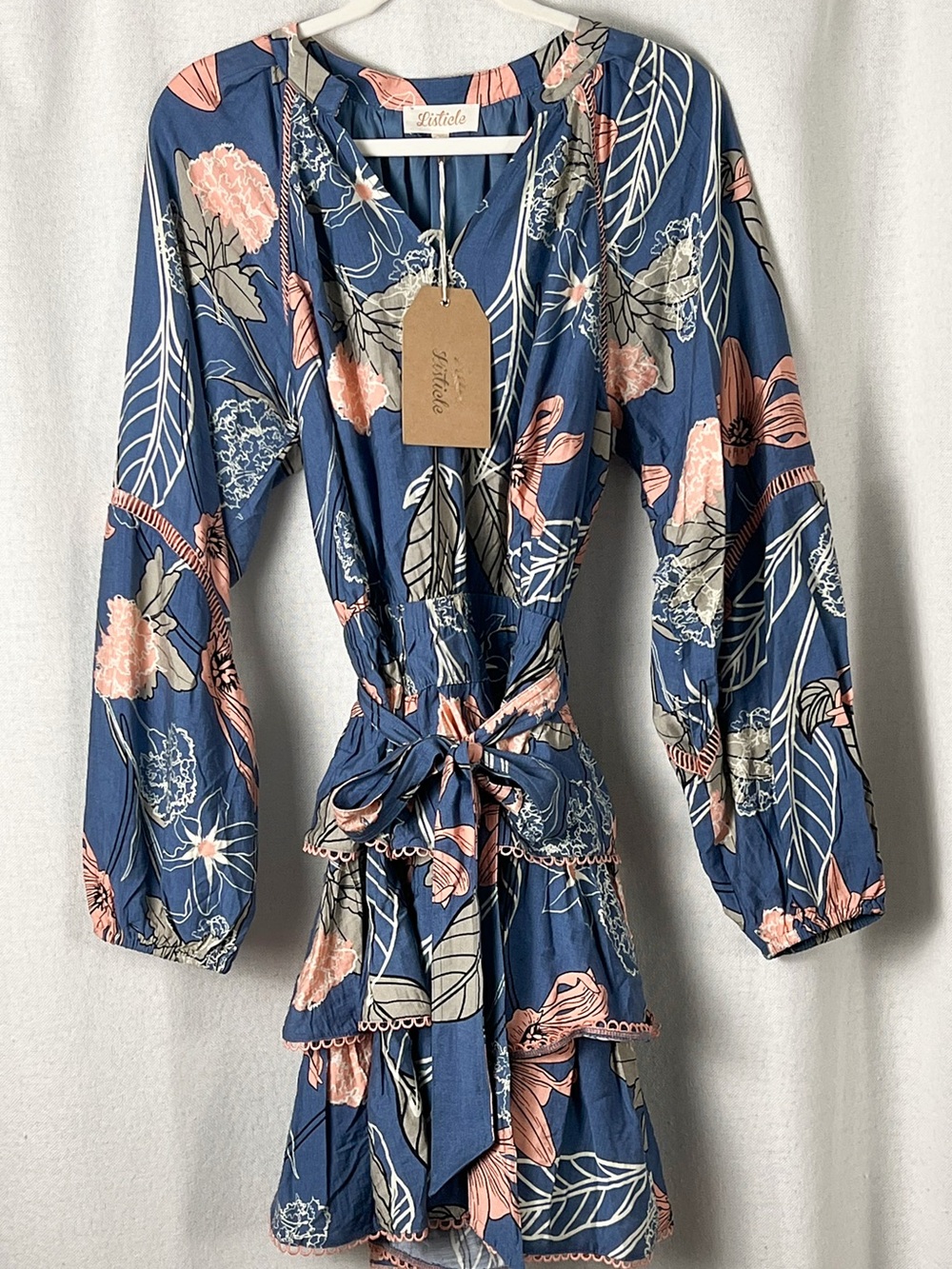 NWT Listicle Blue Floral Tie-Waist Long Sleeve Dress with Pink Accents ORIG $69